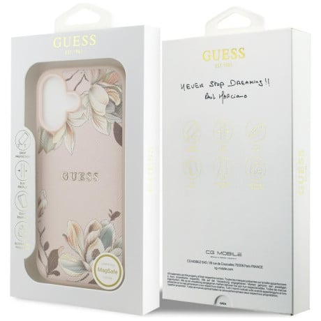 Оригинальный чехол Guess Grained Flowers Classic Logo с MagSafe на iPhone 17 - Pink