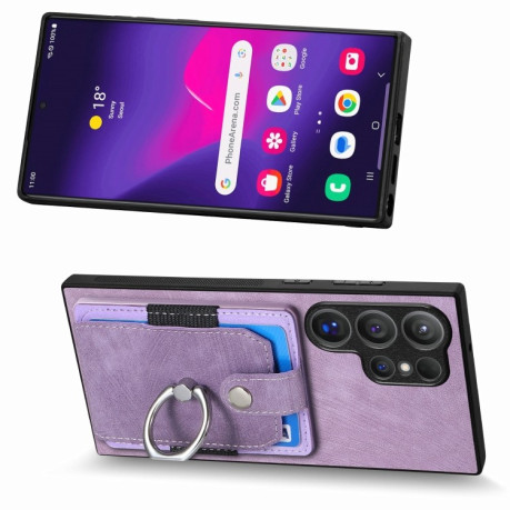 Чехол Retro Skin-feel Ring Multi-card Wallet для Samsung Galaxy S24 Ultra 5G - фиолетовый