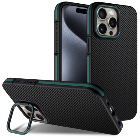 Ударозащитный чехол Carbon Fiber Texture Lens Holder TPU на iPhone 16 Pro - зеленый