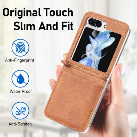 Противоударный чехол Litchi Texture Card для Samsung Galaxy Flip 5 - коричневый