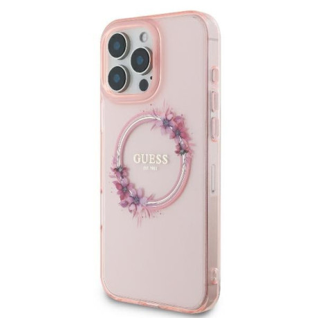 Оригинальный чехол Guess IML Flowers Wreath MagSafe для iPhone 16 Pro - Pink