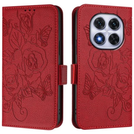 Чохол-книжка Embossed Rose RFID Anti-theft Leather для Xiaomi Redmi Note 14 Pro 4G - червоний