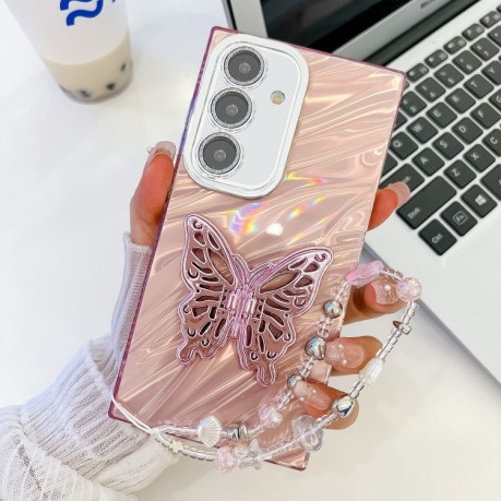 Протиударний чохол Plating Glitter Lens Film Texture Butterfly Holder Wristband для Samsung Galaxy S25+ 5G - Pink Water Ripples