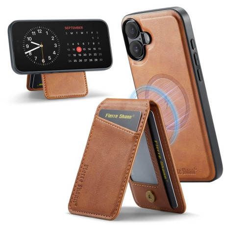 Чохол Fierre Shann Oil Wax Cow Leather Magnetic Card Holder для iPhone 16 Plus - коричневий