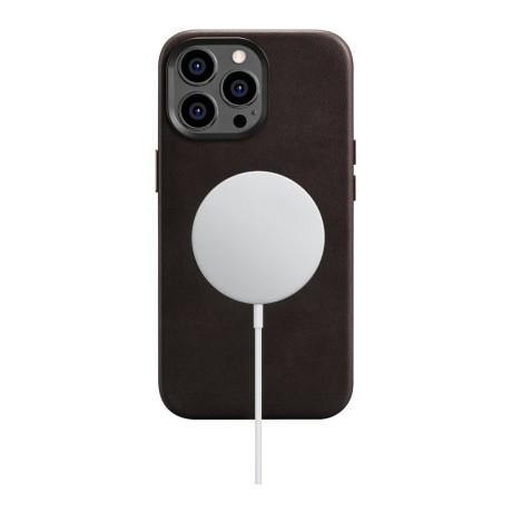 Кожаный чехол iCarer Leather Oil Wax (MagSafe) для iPhone 14 Pro Max - темно-коричневый