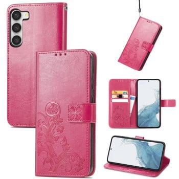 Чохол-книжка Four-leaf Clasp Embossed на Samsung Galaxy S23 5G - пурпурно-червоний