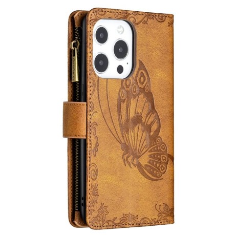 Чехол-кошелек Flying Butterfly Embossing для iPhone 13 Pro Max - коричневый