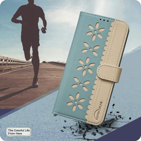 Чехол-книжка Splicing Color Hollow Flower Pattern RFID для Xiaomi Poco F7 5G - зеленый
