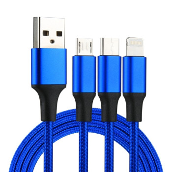 Універсальний зарядний кабель 2A 1.2m 3 in 1 USB to 8 Pin &amp; USB-C / Type-C &amp; Micro Nylon Weave Charging Cable - синій