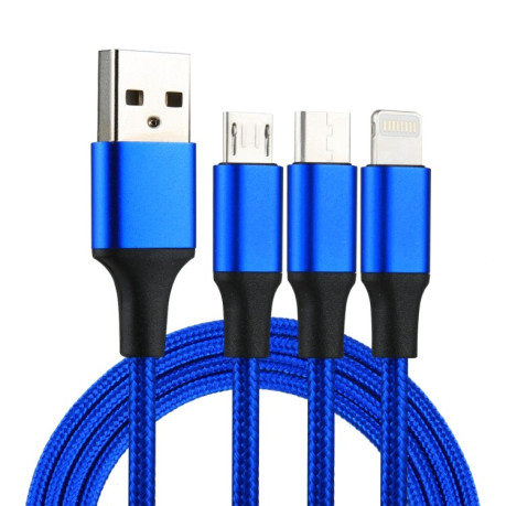 Универсальный Зарядный кабель 2A 1.2m 3 in 1 USB to 8 Pin &amp; USB-C / Type-C &amp; Micro USB Nylon Weave Charging Cable - синий