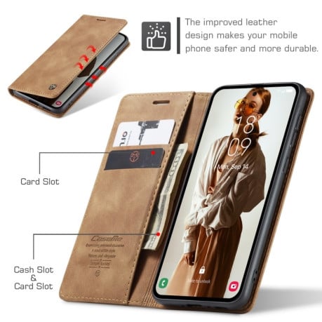 Чехол-книжка CaseMe-013 многофункциональный с кармашком для карт на Samsung Galaxy A55 5G - коричневый