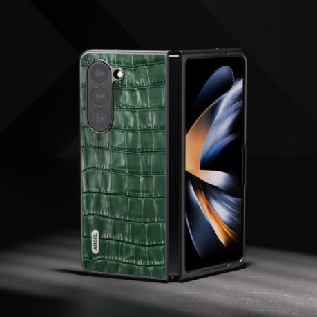 Противоударный чехол ABEEL Crocodile Texture Genuine Leather для Samsung Galaxy Fold 6 - зеленый