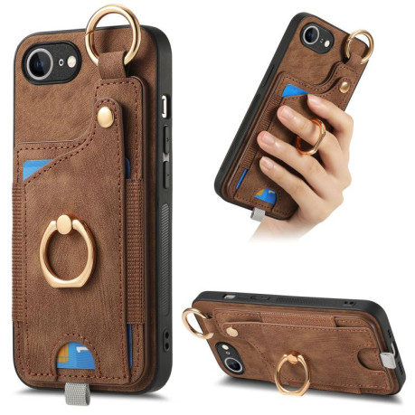 Чехол Retro Skin-feel Ring Card Bag для iPhone 16e - коричневый