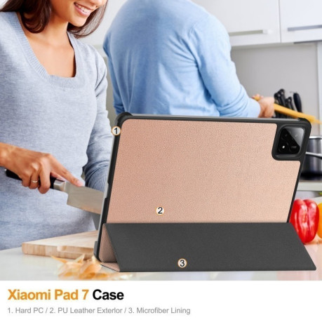 Чохол Custer Texture Three-folding Sleep/Wake-up для Xiaomi Pad 7/7 Pro- чорний - рожеве золото