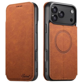 Чехол-книжка Suteni J06 с фактурой Retro Matte Litchi с MagSafe на iPhone 17 Pro - хаки