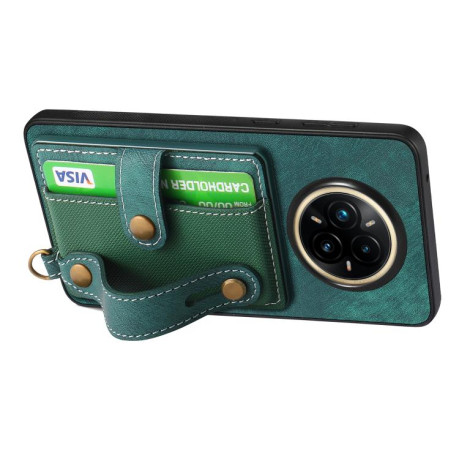 Противоударний чехол Retro Cross Wristband Wallet Leather для Realme 14 Pro+ - зелений