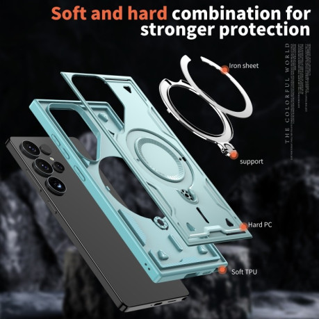 Противоударный чехол MagSafe Holder Armor PC Hybrid для Samsung Galaxy S25 Ultra 5G - голубой