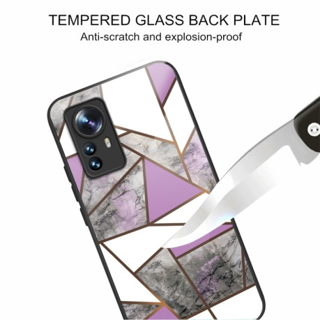 Противоударный стеклянный чехол Marble Pattern Glass на Xiaomi 12 Pro - Rhombus Gray Purple