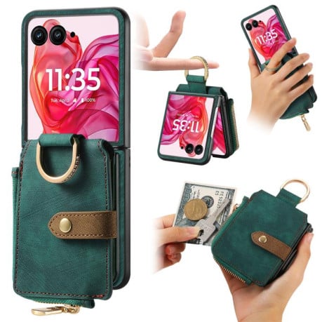 Чохол Cross Leather Ring Vertical Zipper Wallet для Motorola Razr 60 Ultra - зелений