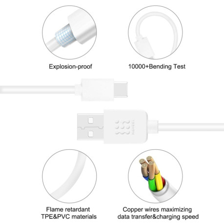 Кабель  HAWEEL 2m USB-C / Type-C to USB 2 Data &amp; Charging Cable - белый