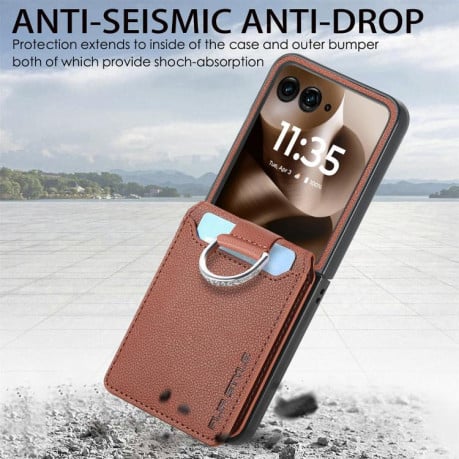 Противоударний чехол Litchi Texture Leather Ring Wallet на Motorola Razr 60 Ultra - коричневий