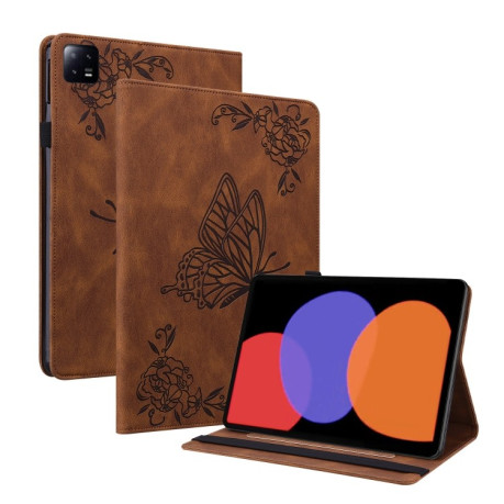 Чехол-книжка Butterfly Flower Embossed Leather для Xiaomi Pad 6 / Pad 6 Pro - коричневый