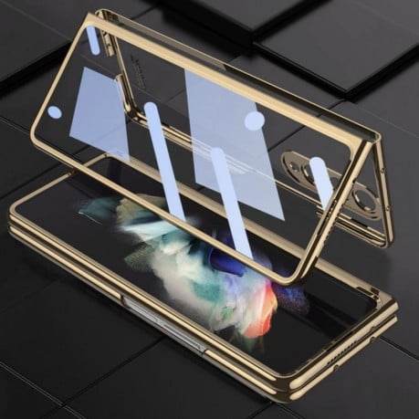 Противоударный чехол GKK Integrated Electroplating + Glass для Samsung Galaxy Fold4 - золотой