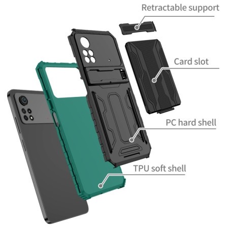 Противоударный чехол Kickstand Armor Card Wallet для Xiaomi Poco X4 Pro 5G - зеленый