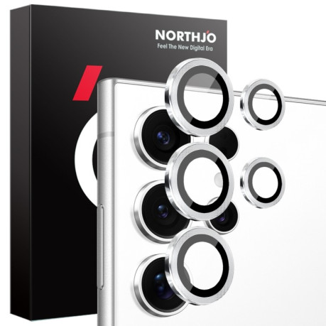 Защитное стекло NORTHJO Glitter Camera Lens Protector Tempered Glass Metal Ring на Samsung Galaxy S25 Ultra 5G - серебристое