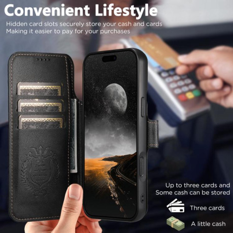 Чехол-книжка Suteni Q06 2-in-1 Multi-function с MagSafe и магнитным хлястиком для iPhone 17 — чёрный