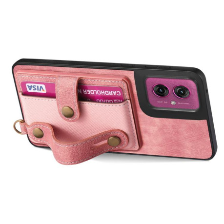 Противоударный чехол Retro Cross Wristband Wallet Leather для Motorola Moto G55 - розовый