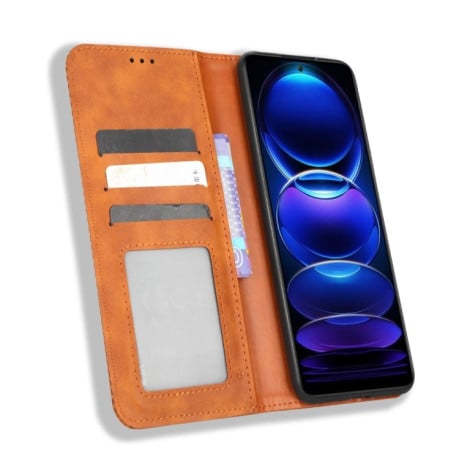 Чохол-книжка Magnetic Buckle Retro Crazy Horse Texture на Xiaomi Redmi Note 12 5G - коричневий