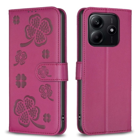 Чохол-книжка Four-leaf Clasp Embossed на Xiaomi Redmi Note 14 5G/Poco M7 Pro 5G - пурпурно-червоний