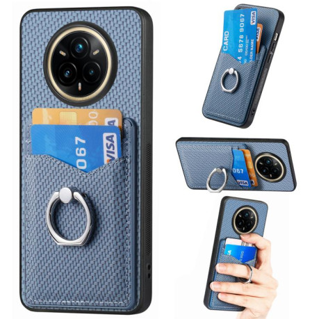 Противоударный чехол Carbon Fiber Card Wallet Ring Holder для Realme 14 Pro+ - синий