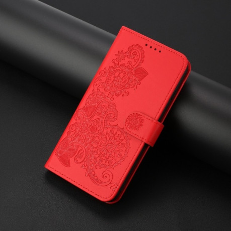 Чехол-книжка Embossed Flower Zipper Leather на Redmi Note 14 5G/Poco M7 Pro 5G - красный