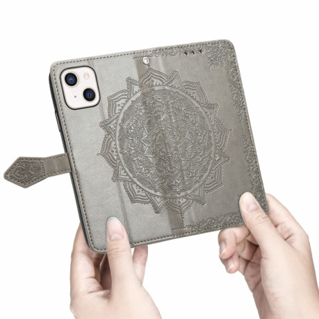 Чехол-книжка Mandala Embossing Pattern на iPhone 13 mini - серый