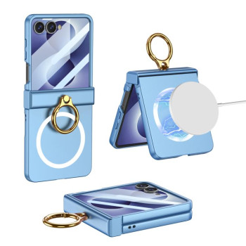 Магнитный чехол GKK Integrated Ultra-thin Hinge Full Coverage Magnetic with Ring с кольцом и защитой шарнира на Samsung Galaxy Flip8 5G — синий