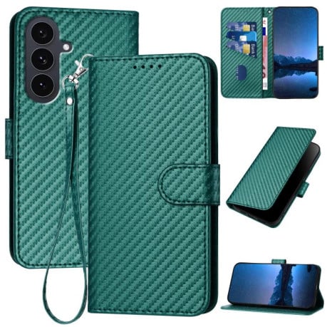 Чохол-книжка з фактурою Carbon Fiber магнітним хлястиком, ремінцем на Samsung Galaxy S25 FE 5G - зелений
