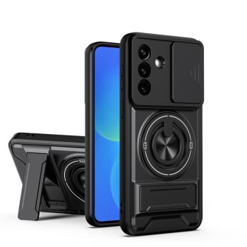 Противоударный чехол Lens Sliding Window Multifunctional Magnetic Shockproof со шторкой камеры на Samsung Galaxy A37 5G — чёрный