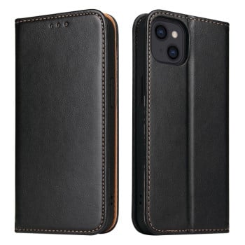 Кожаный чехол-книжка Fierre Shann Genuine leather на  iPhone 15 Plus - черный