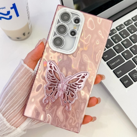 Противоударный чехол Plating Glitter Texture Butterfly для Samsung Galaxy S25 Ultra 5G - Pink Wrinkles
