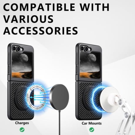 Карбоновий чохол Suteni G3 Carbon Fiber підставка 360 з MagSafe на Samsung Galaxy Flip 7 5G - чорний
