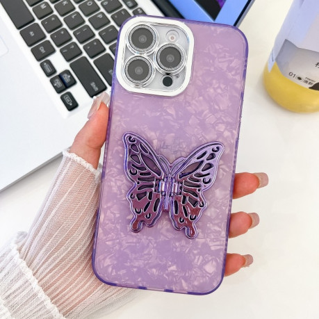 Противоударный чехол Plating Glitter Texture Butterfly для iPhone 16 Pro - Purple Shell Pattern