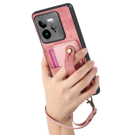 Противоударный чехол Retro Cross Wristband Wallet Leather для Realme GT 7 Pro - розовый