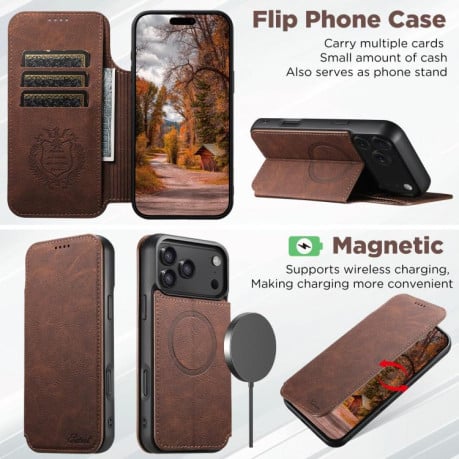 Чехол-книжка Suteni J06 с фактурой Retro Matte Litchi с MagSafe на iPhone 17 - коричневый