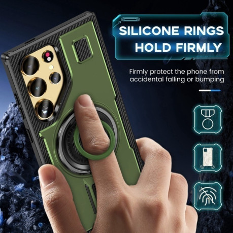 Протиударний чохол Ring Holder Carbon Fiber PC Hybrid TPU  для Samsung Galaxy S25 Ultra 5G - зелений