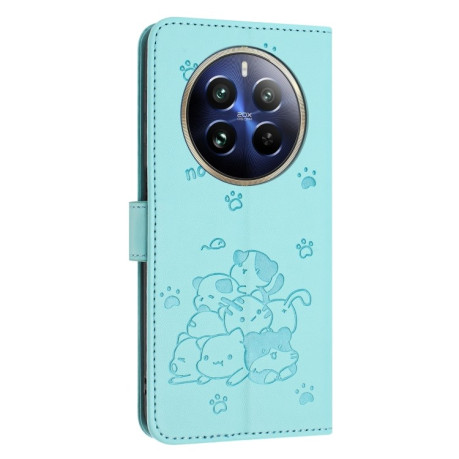 Чехол-книжка Embossed Kitten Phone Leather для Realme 12+ 5G/12 4G/13 4G - зеленый