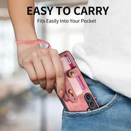 Протиударний чохол Retro Cross Wristband Wallet Leather для Samsung Galaxy S24+ 5G - рожевий
