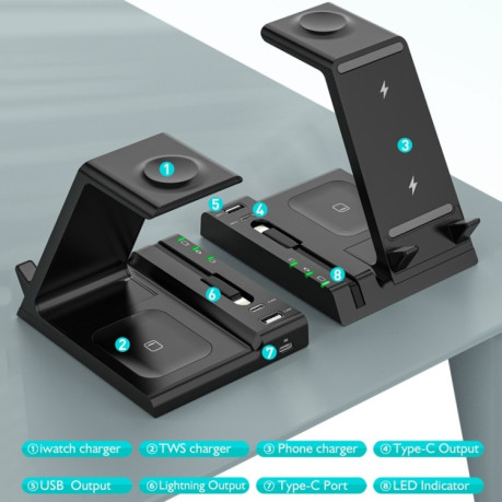 Бездротова зарядна станція Z252 6-In-1 Wireless Charging Stand Dock With USB-C/Type-C Port &amp; 8 Pin Charge Cable - чорна