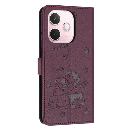 Чохол-книжка Embossed Kitten Phone Leather для OPPO A5 Pro 5G Global - винно-червоний